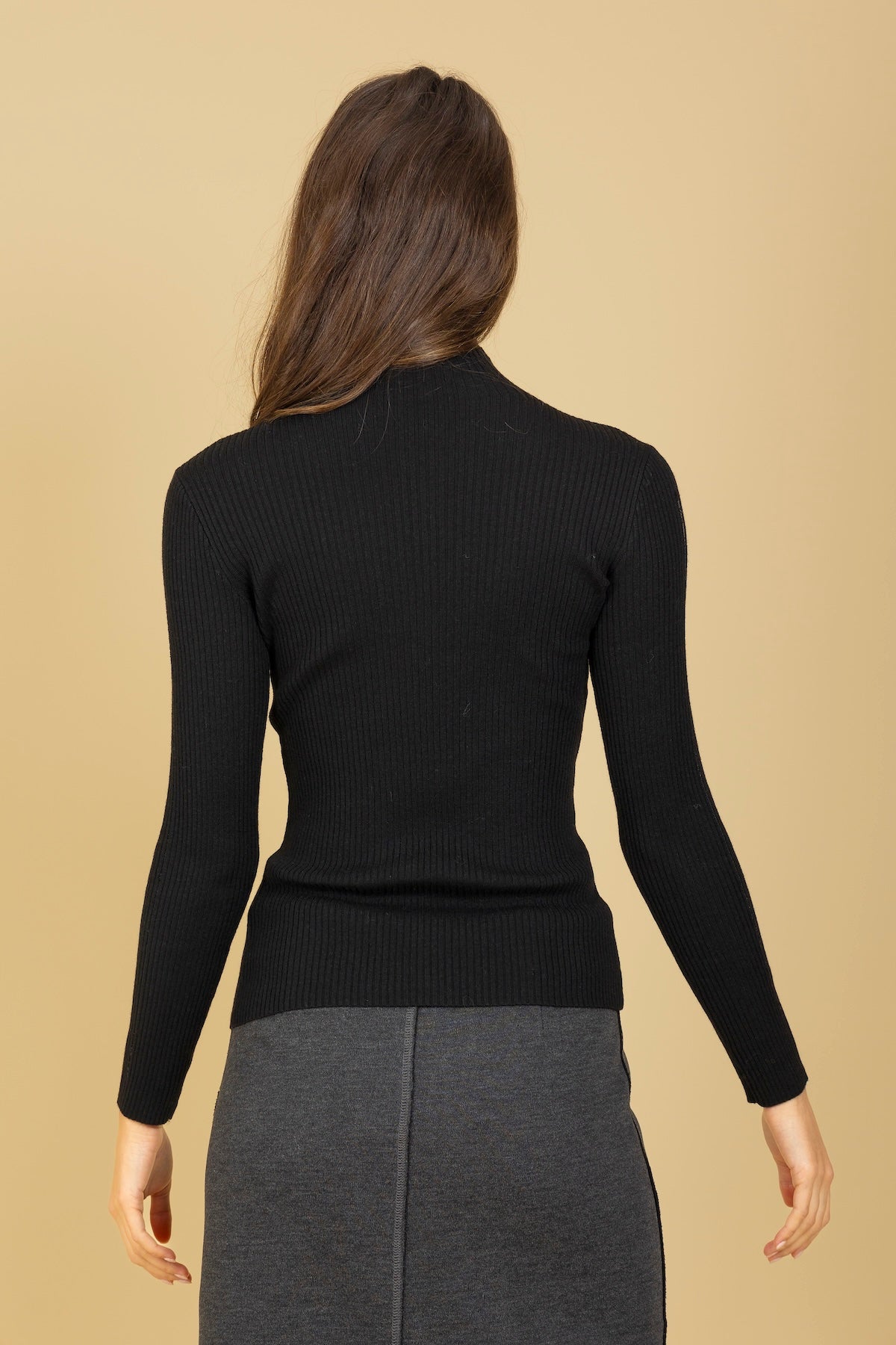 Merino Wool Blend Lightweight Mock Neck Ribbed Knit Top w/ Sequin details