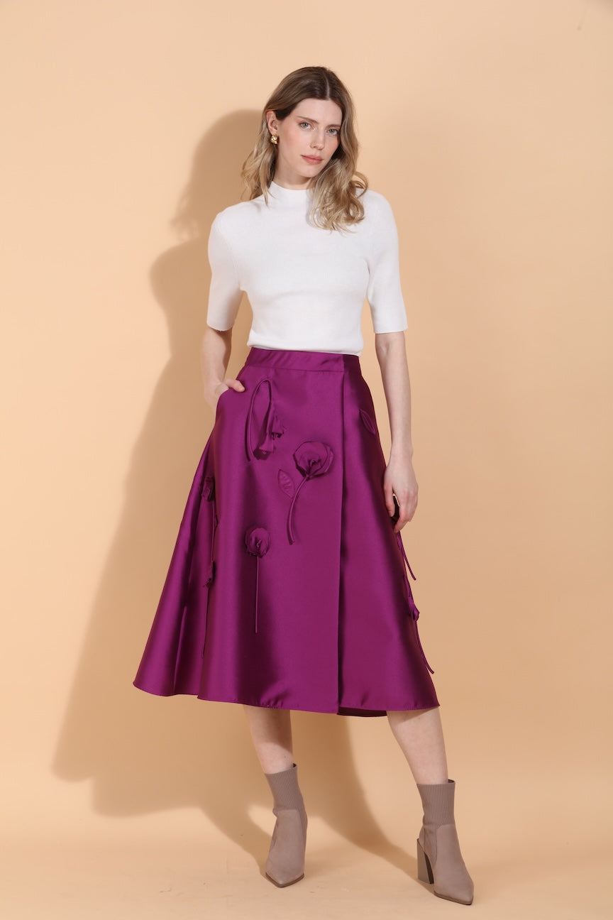 Wool Silk Blended Wrap Skirt with Flower Appliqué & Side Pockets