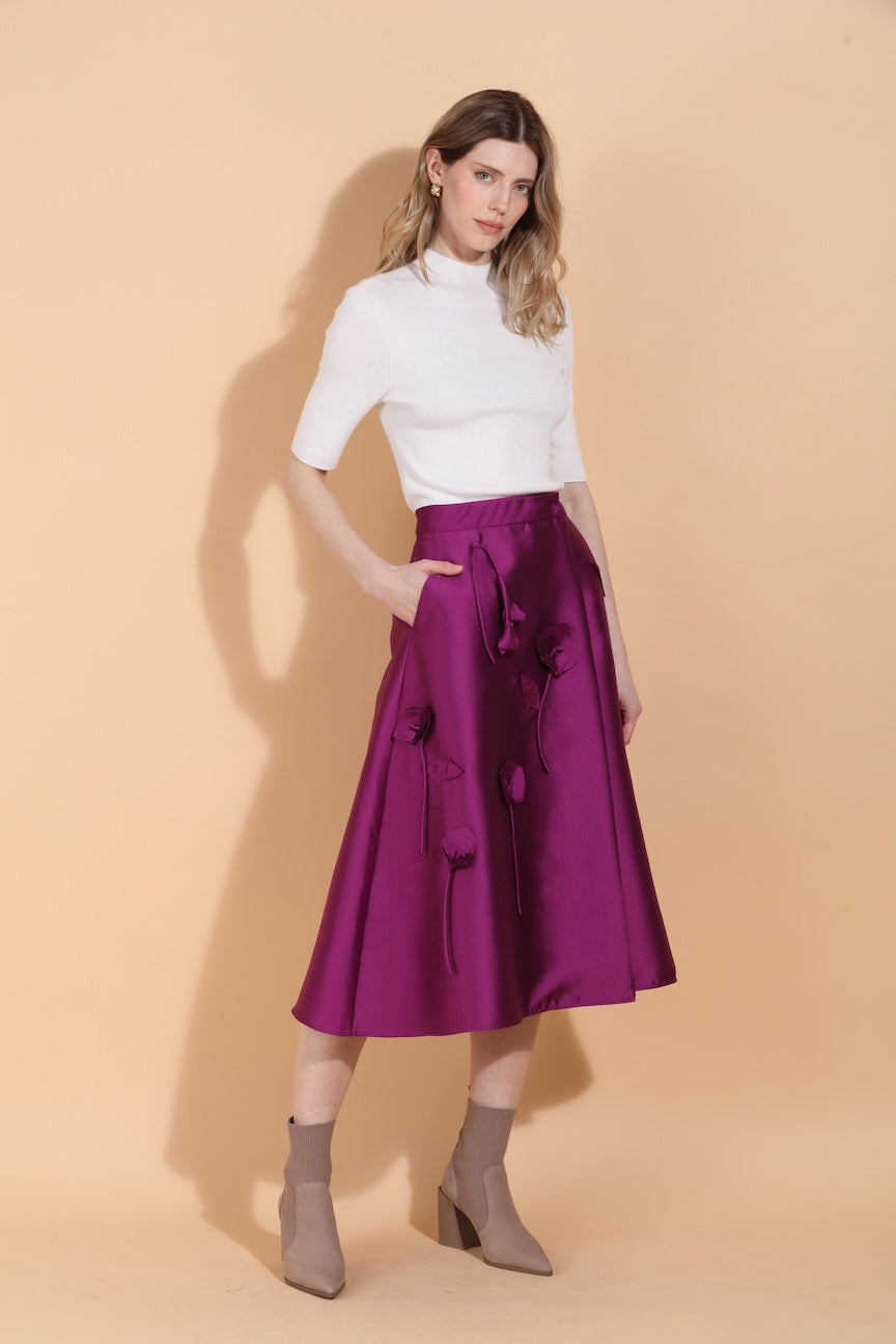 Wool Silk Blended Wrap Skirt with Flower Appliqué & Side Pockets