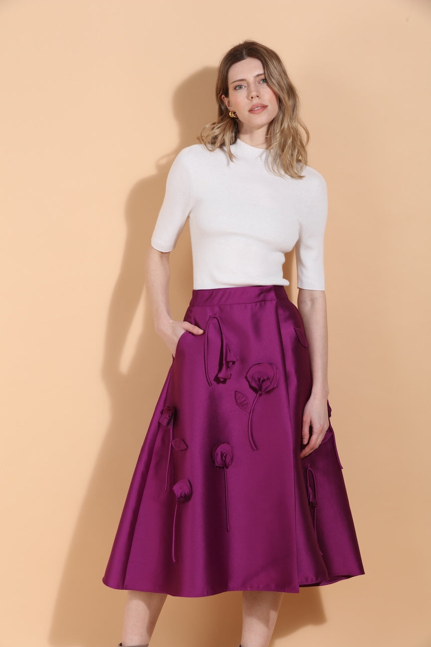 Wool Silk Blended Wrap Skirt with Flower Appliqué & Side Pockets