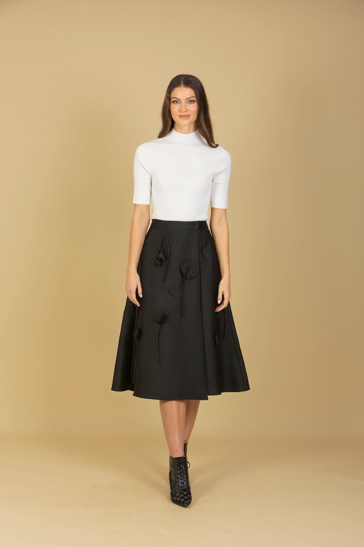 Wool Silk Blended Wrap Skirt with Flower Appliqué & Side Pockets