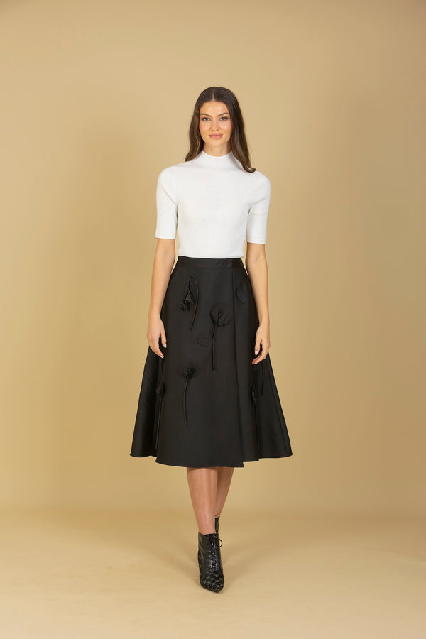 Wool Silk Blended Wrap Skirt with Flower Appliqué & Side Pockets