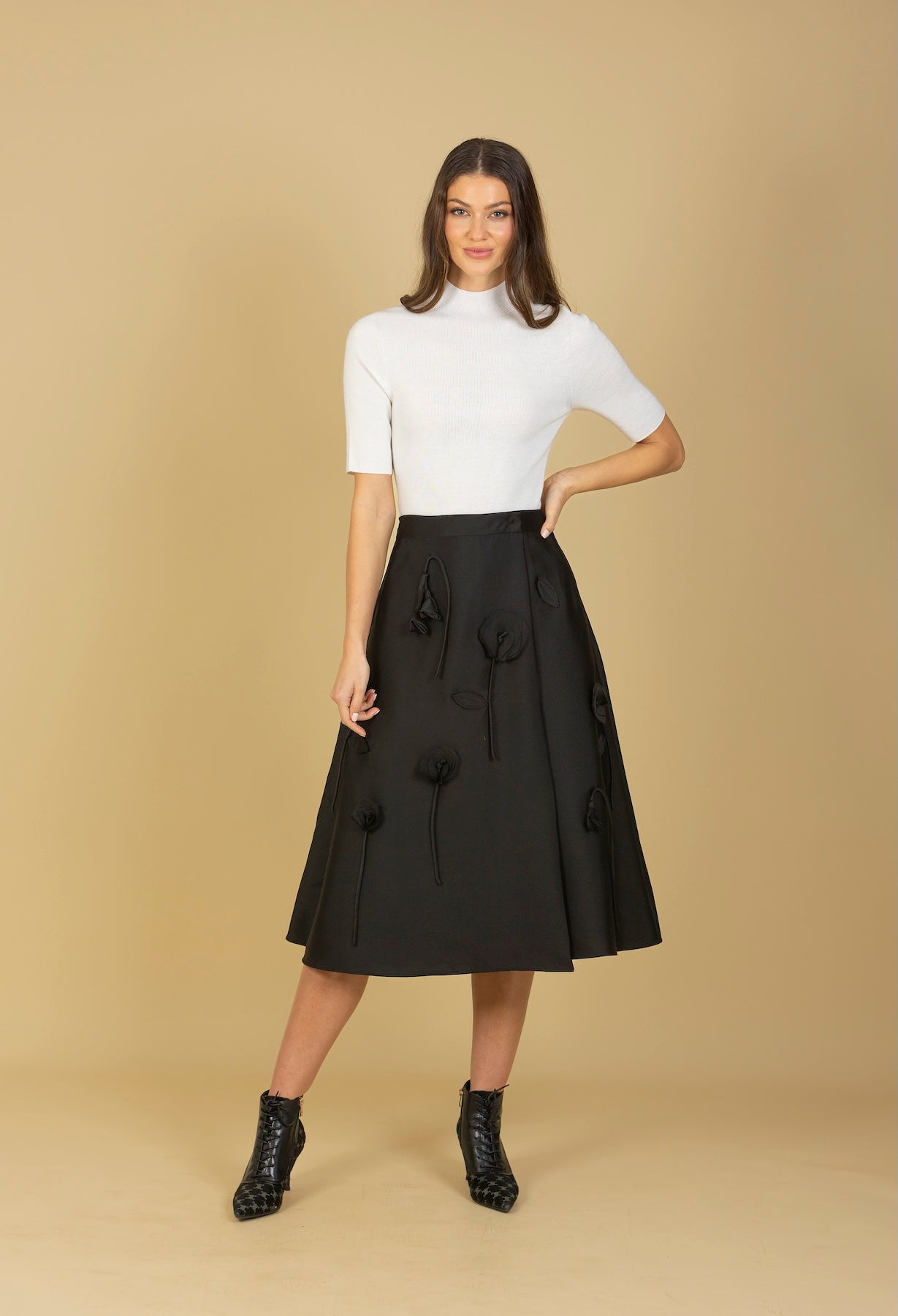 Wool Silk Blended Wrap Skirt with Flower Appliqué & Side Pockets