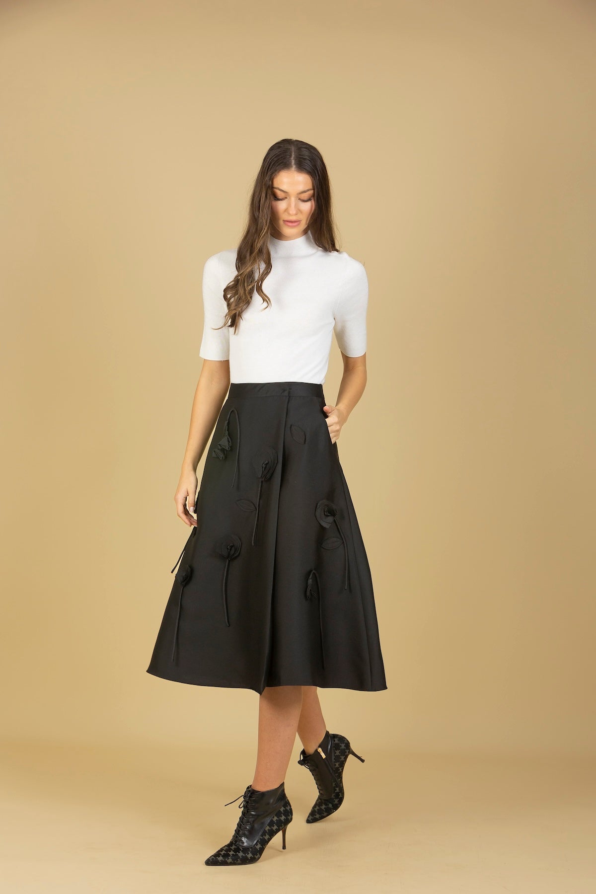 Wool Silk Blended Wrap Skirt with Flower Appliqué & Side Pockets