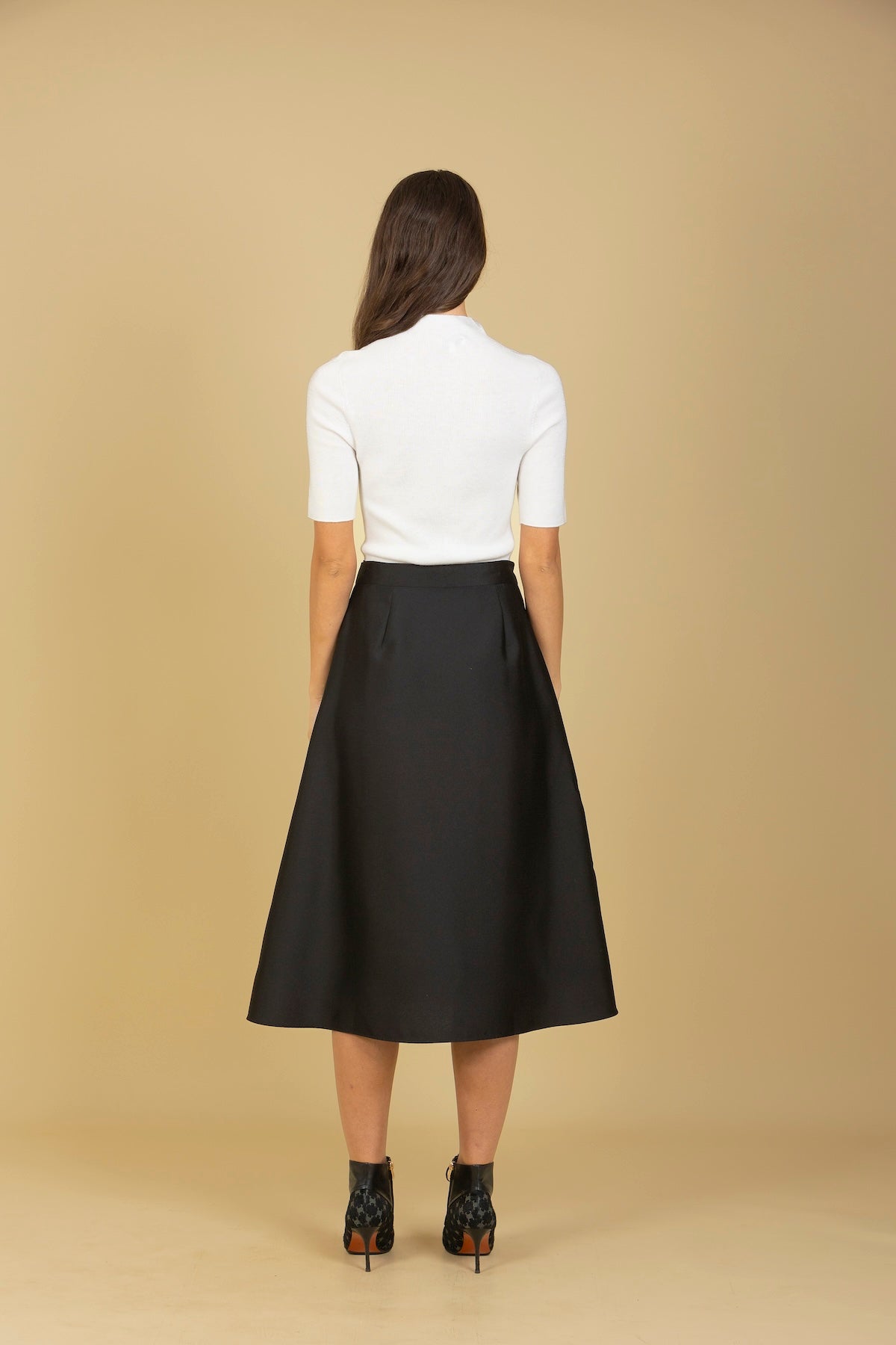 Wool Silk Blended Wrap Skirt with Flower Appliqué & Side Pockets