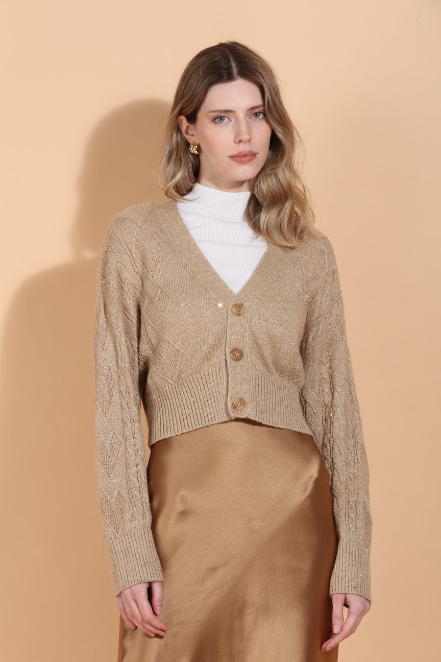 Cable Knit Short Cardigan With Sequins