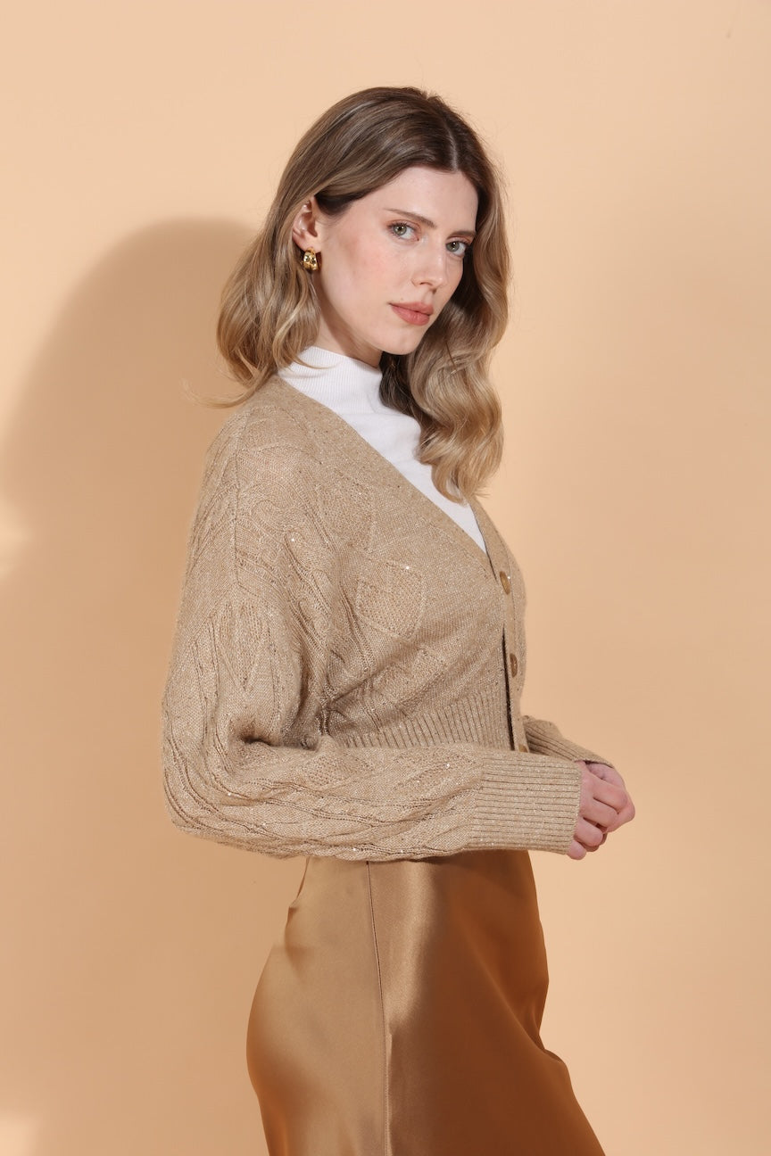 Cable Knit Short Cardigan With Sequins