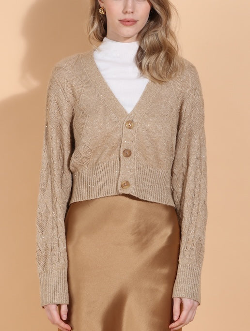 Cable Knit Short Cardigan With Sequins