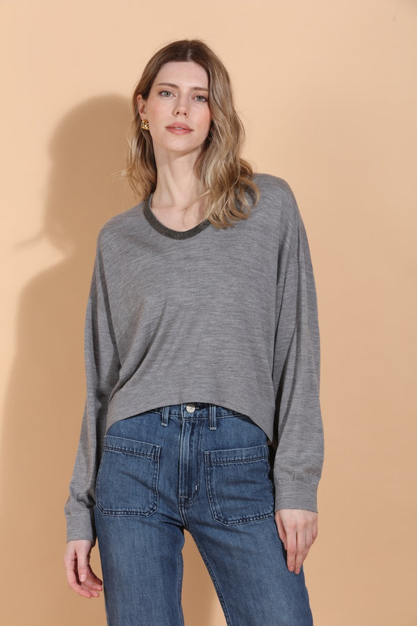 Merino Wool Silk Blend Sweater with Rhinestone Neck Trim