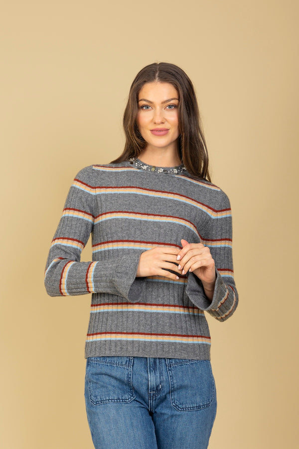 Cashmere Blended Stripe Ribbed Sweater with Pearl and Sequin Beaded Neck Trim