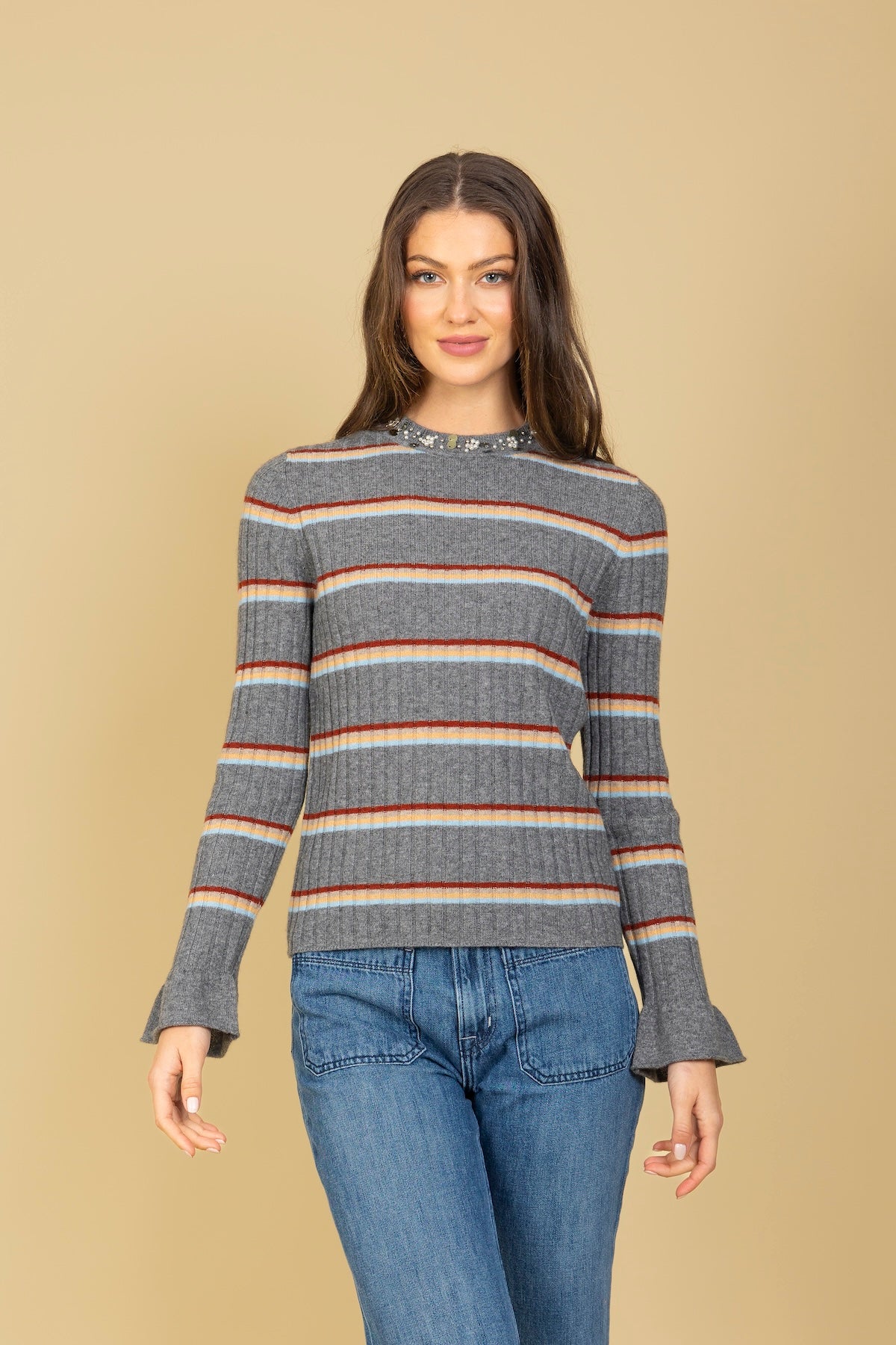 Cashmere Blended Stripe Ribbed Sweater with Pearl and Sequin Beaded Neck Trim