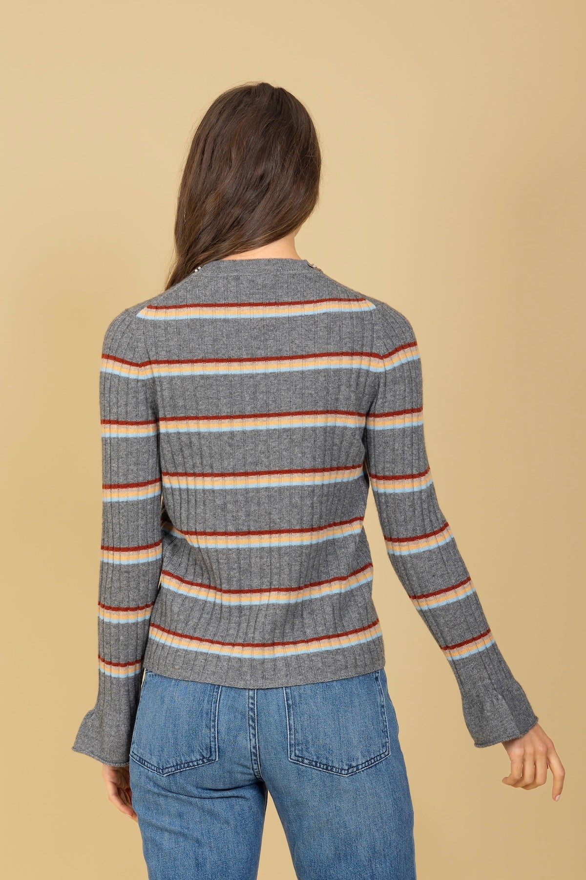 Cashmere Blended Stripe Ribbed Sweater with Pearl and Sequin Beaded Neck Trim
