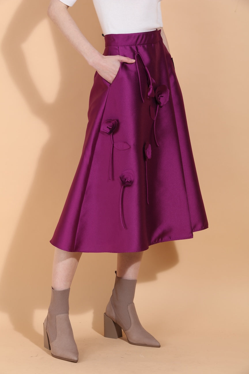 Wool Silk Blended Wrap Skirt with Flower Appliqué & Side Pockets