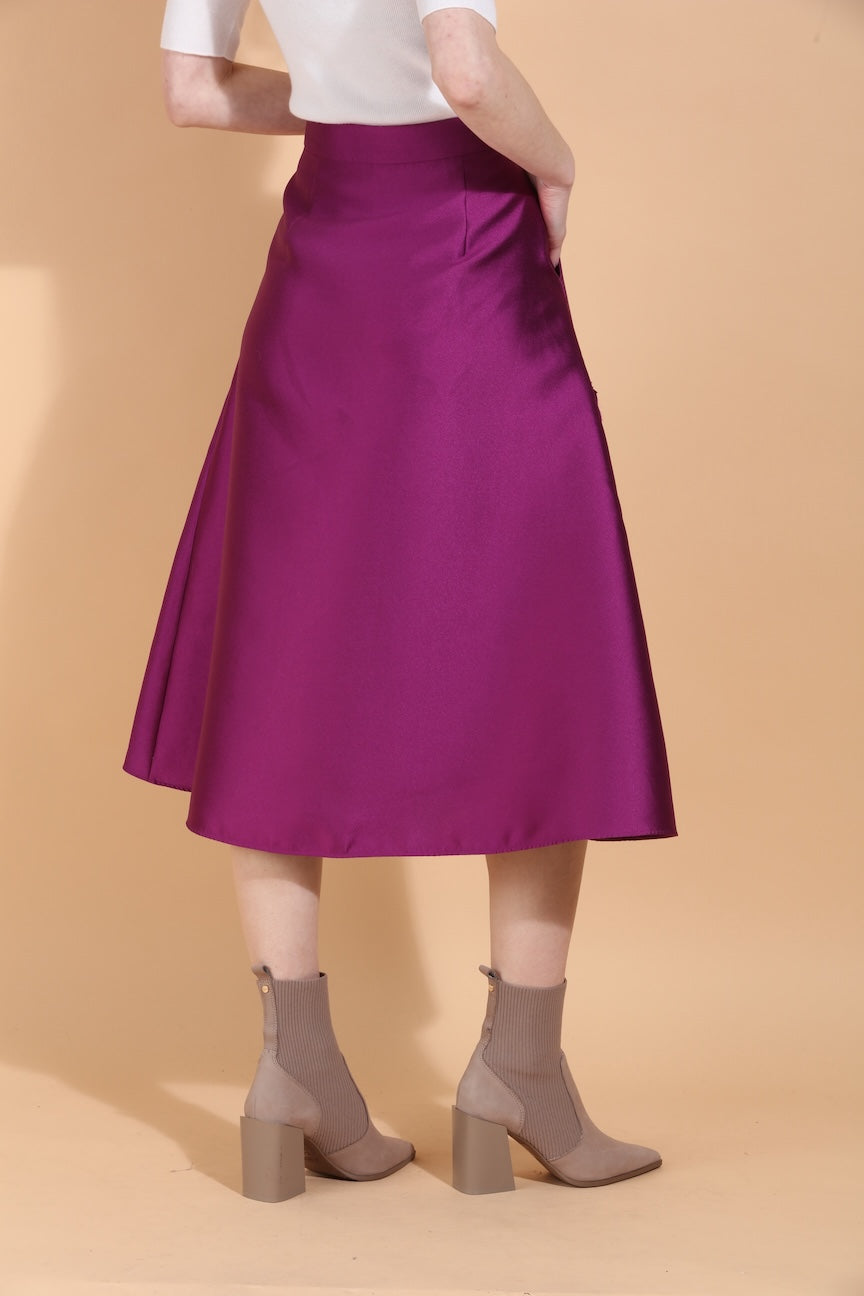 Wool Silk Blended Wrap Skirt with Flower Appliqué & Side Pockets