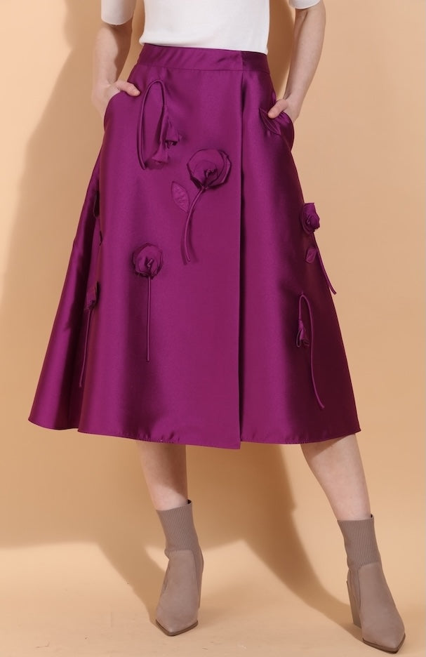 Wool Silk Blended Wrap Skirt with Flower Appliqué & Side Pockets