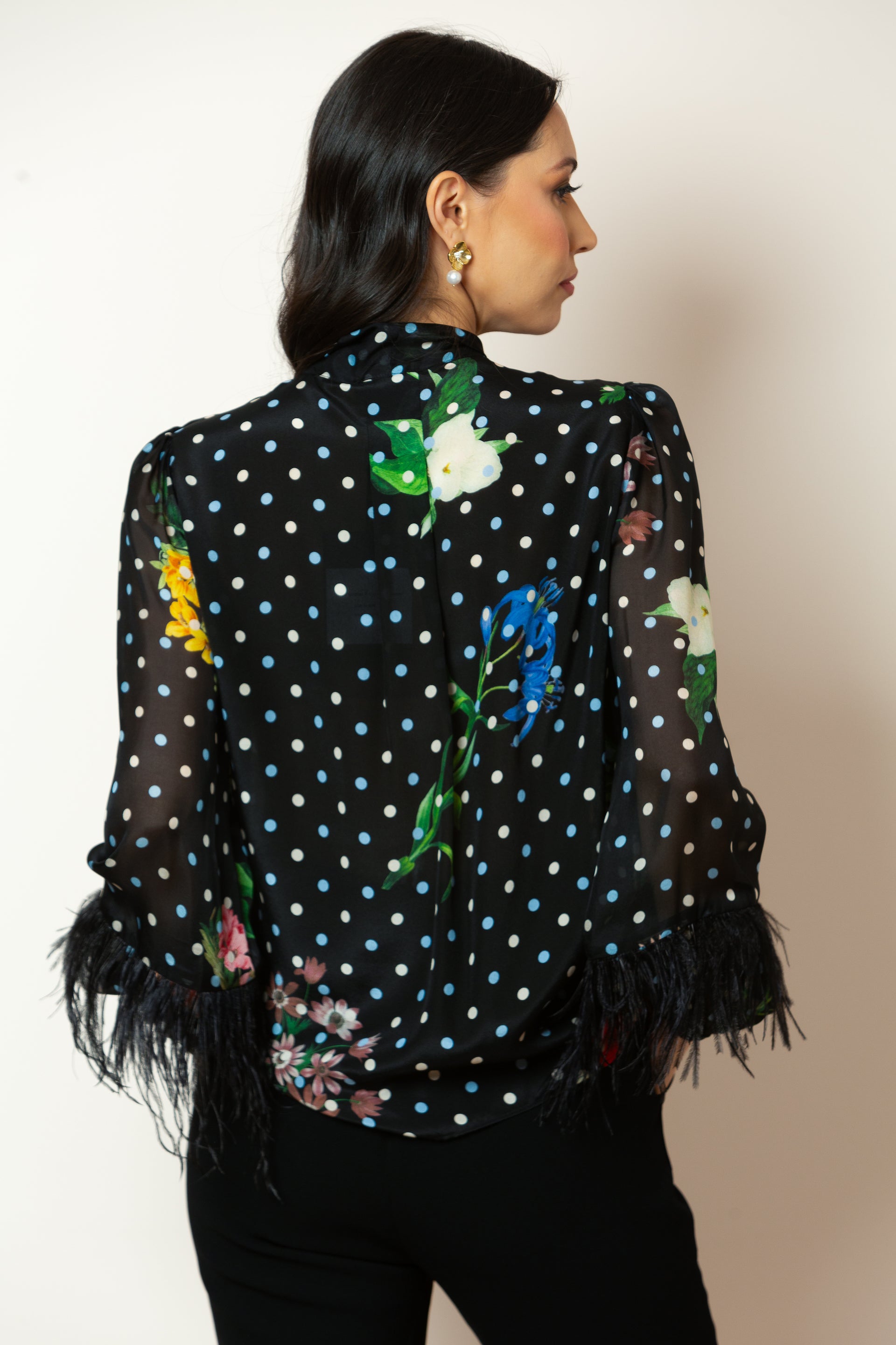Printed Silk Chiffon Blouse with Feather