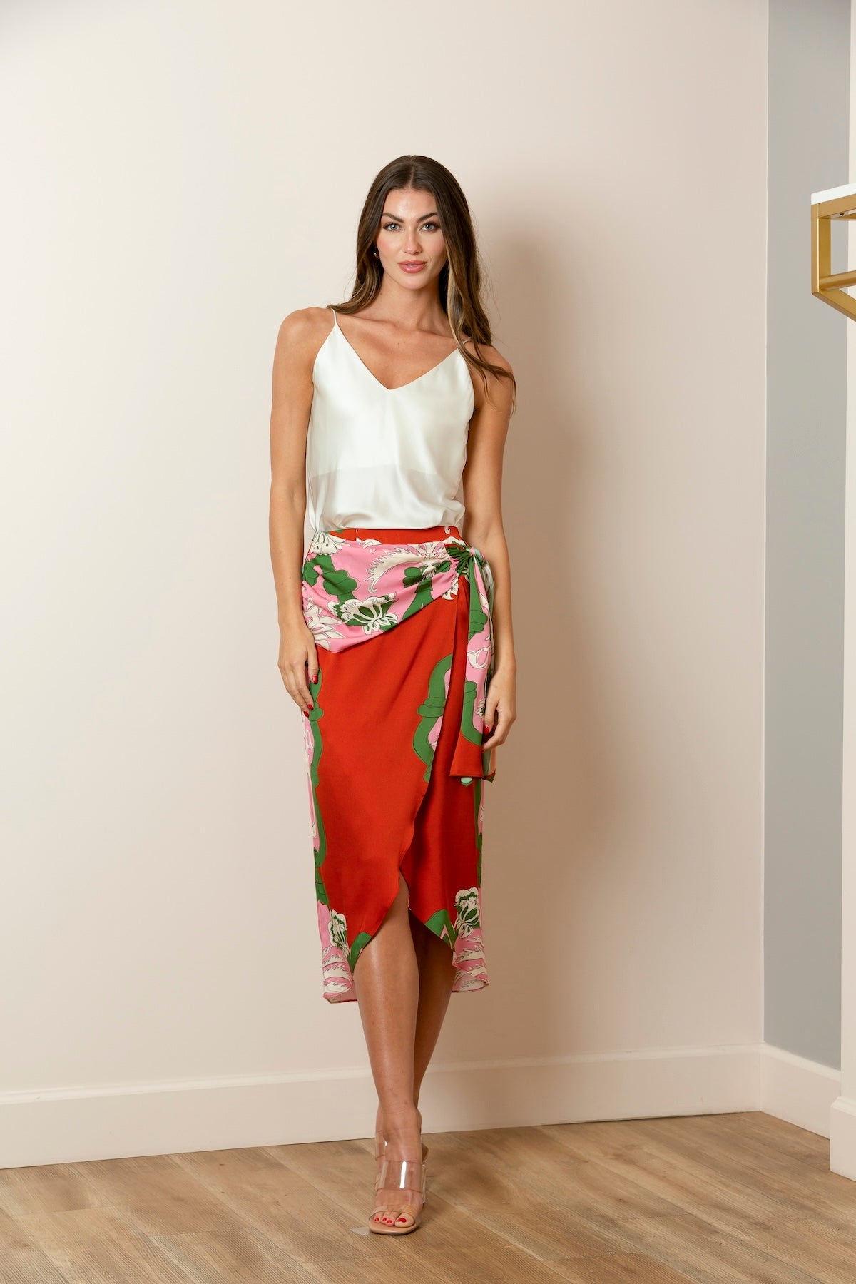 Printed Silk Wrap Skirt In Persimmon/Pink