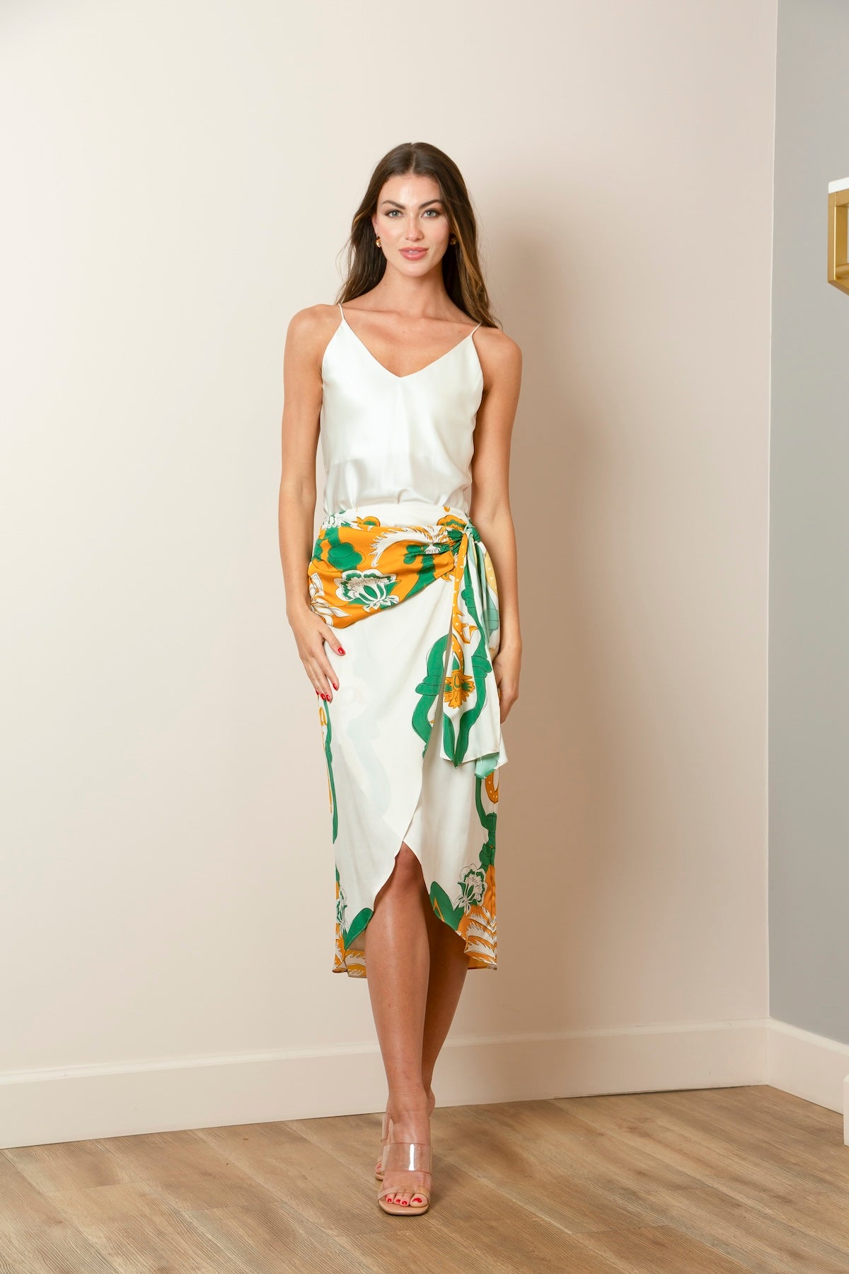 Printed Silk Wrap Skirt In Ivory/Mustard