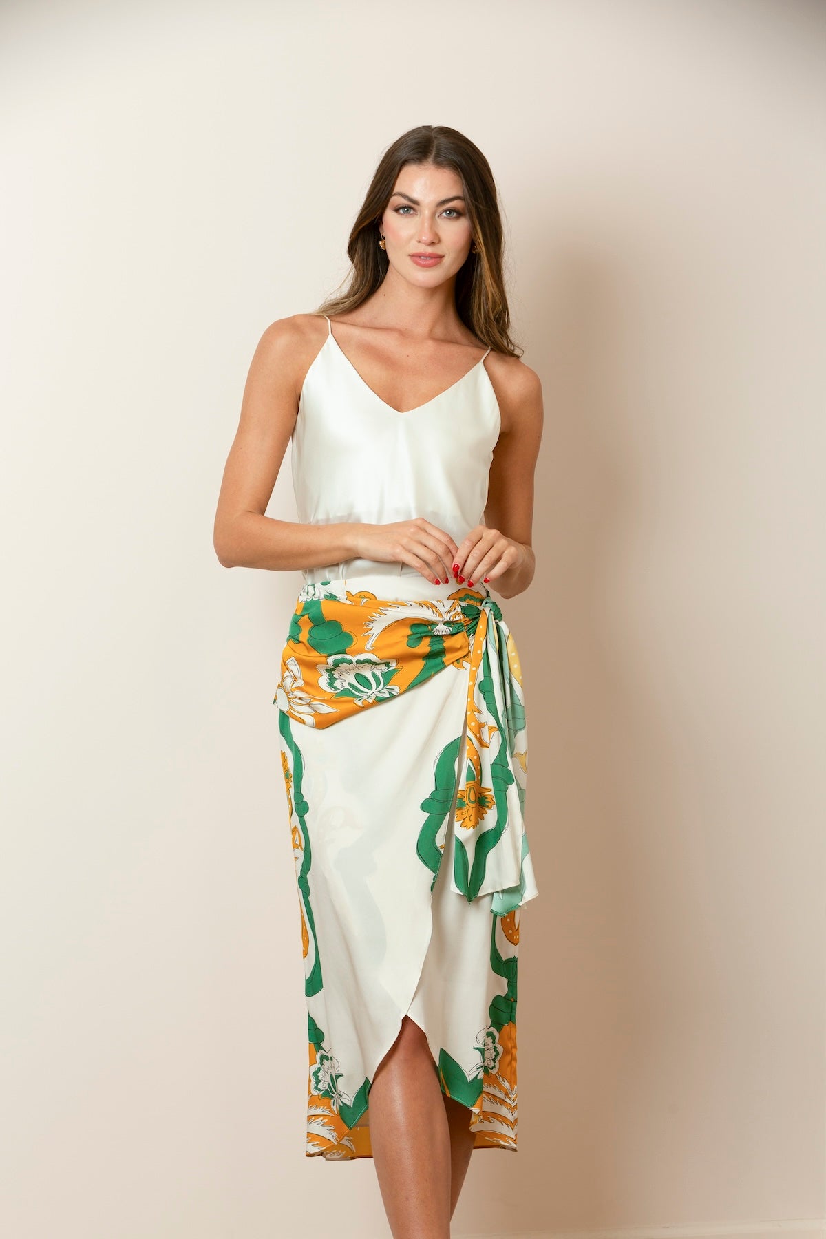 Printed Silk Wrap Skirt In Ivory/Mustard