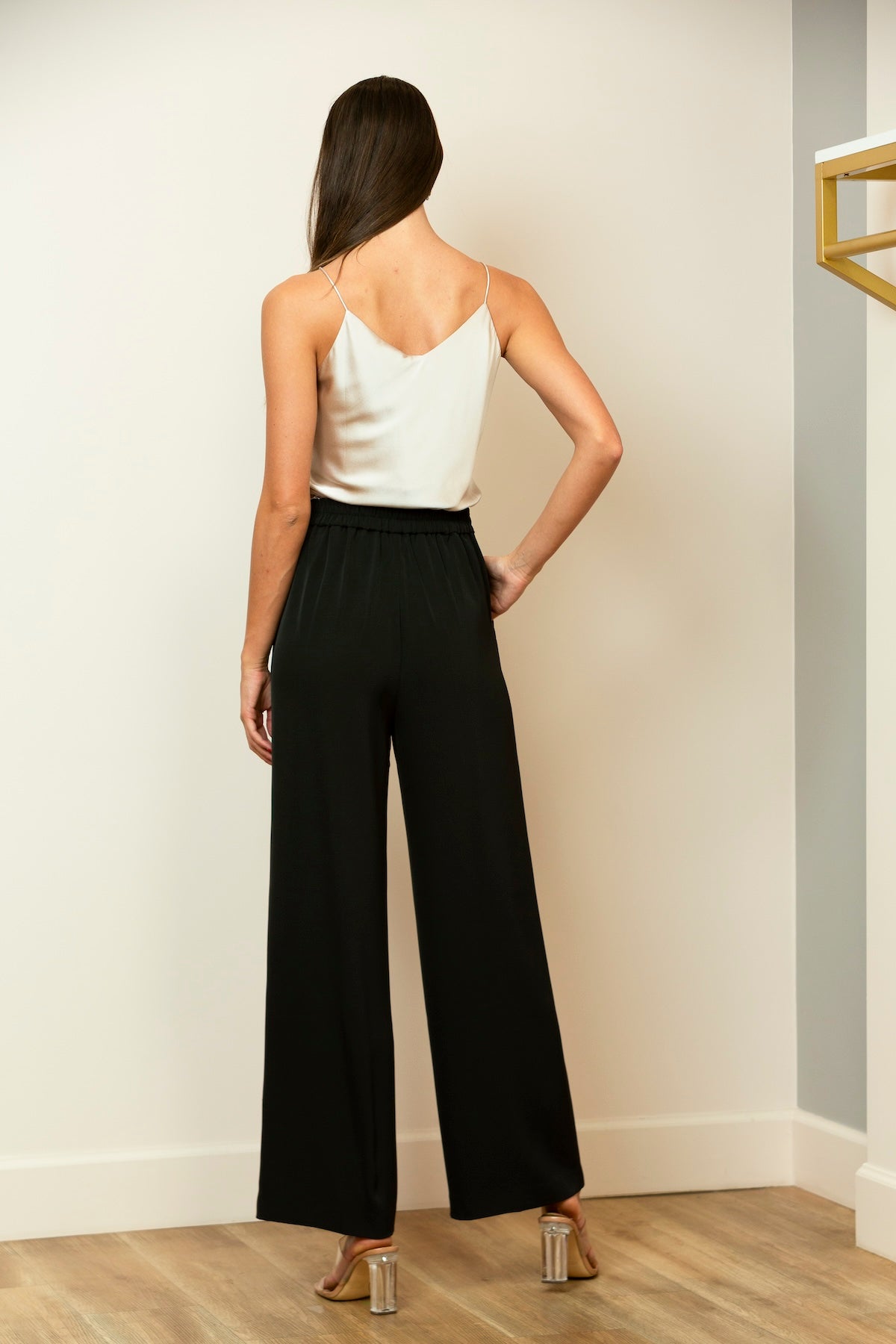 Pintuck Wide-Leg Pants with Elastic on the Back Waist In Black