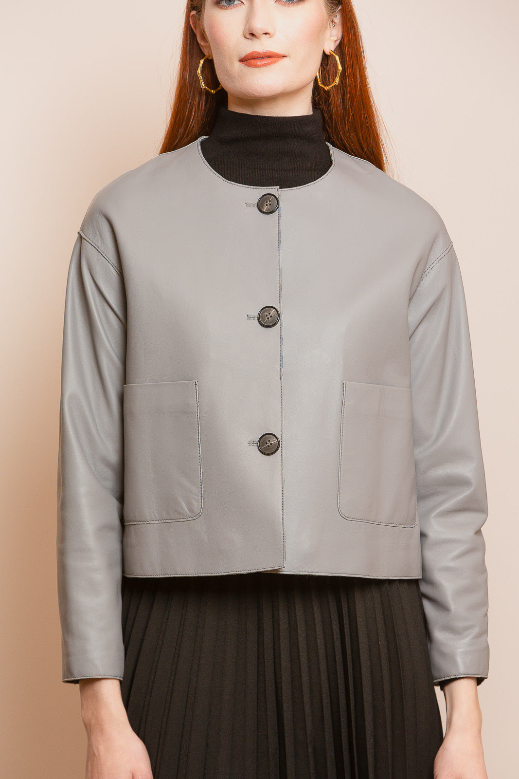 Lambskin Short Jacket with Bonded Lining in Grey