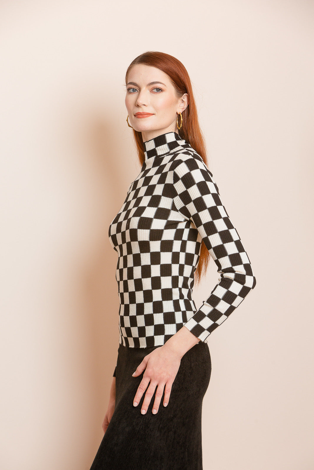 Checker Print Intarsia Turtle Neck Sweater in Black