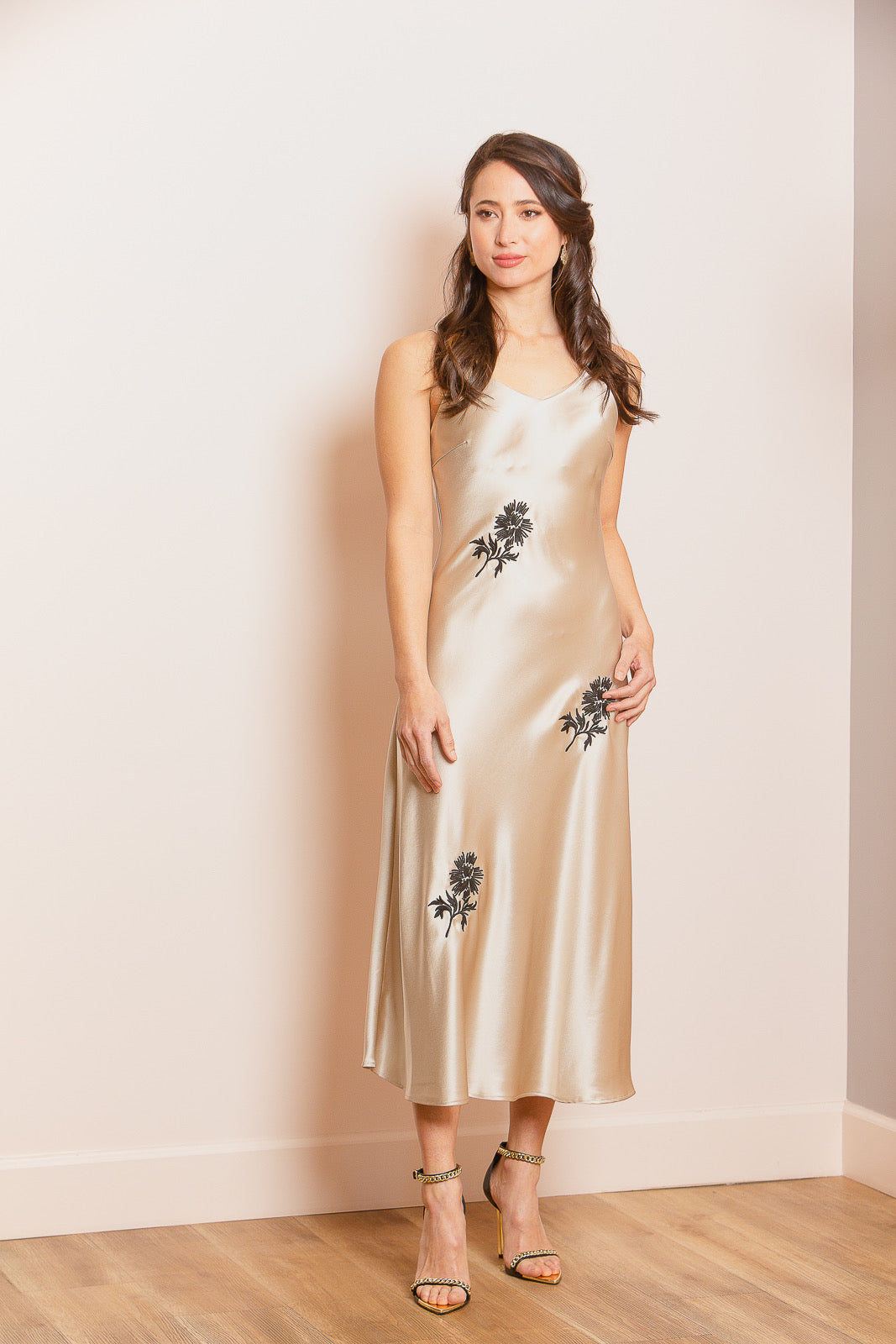 Satin Slip Dress with Flower Embroidery in Champagne Jessie Liu Collection Satin Slip Dress with Flower Embroidery in Champagne Jessie Liu Collection