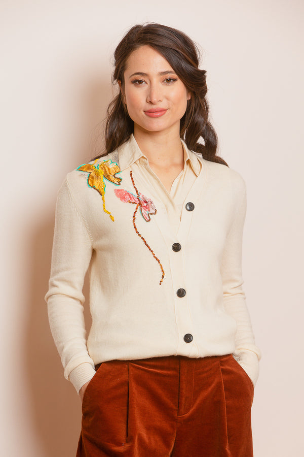 100% Merino Wool Cardigan with Appliqué in Ivory