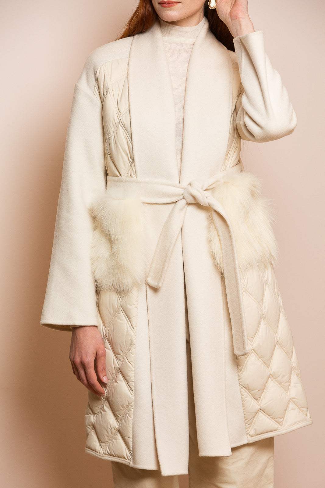 Shawl Collar Wool Puffer Coat with Fur Pockets