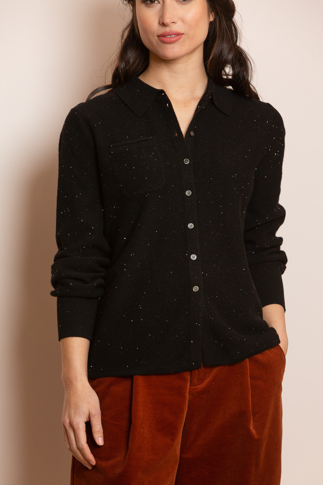 Sequin Merino Wool Button Down Shirt Sweater