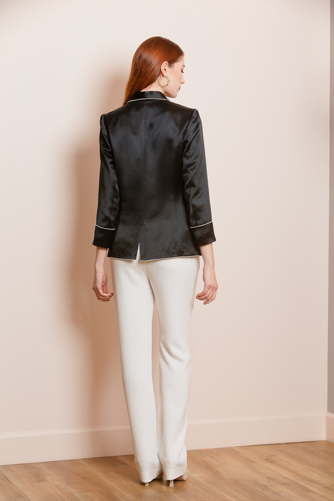 Satin Jacket with Contrast Piping and Embroidery