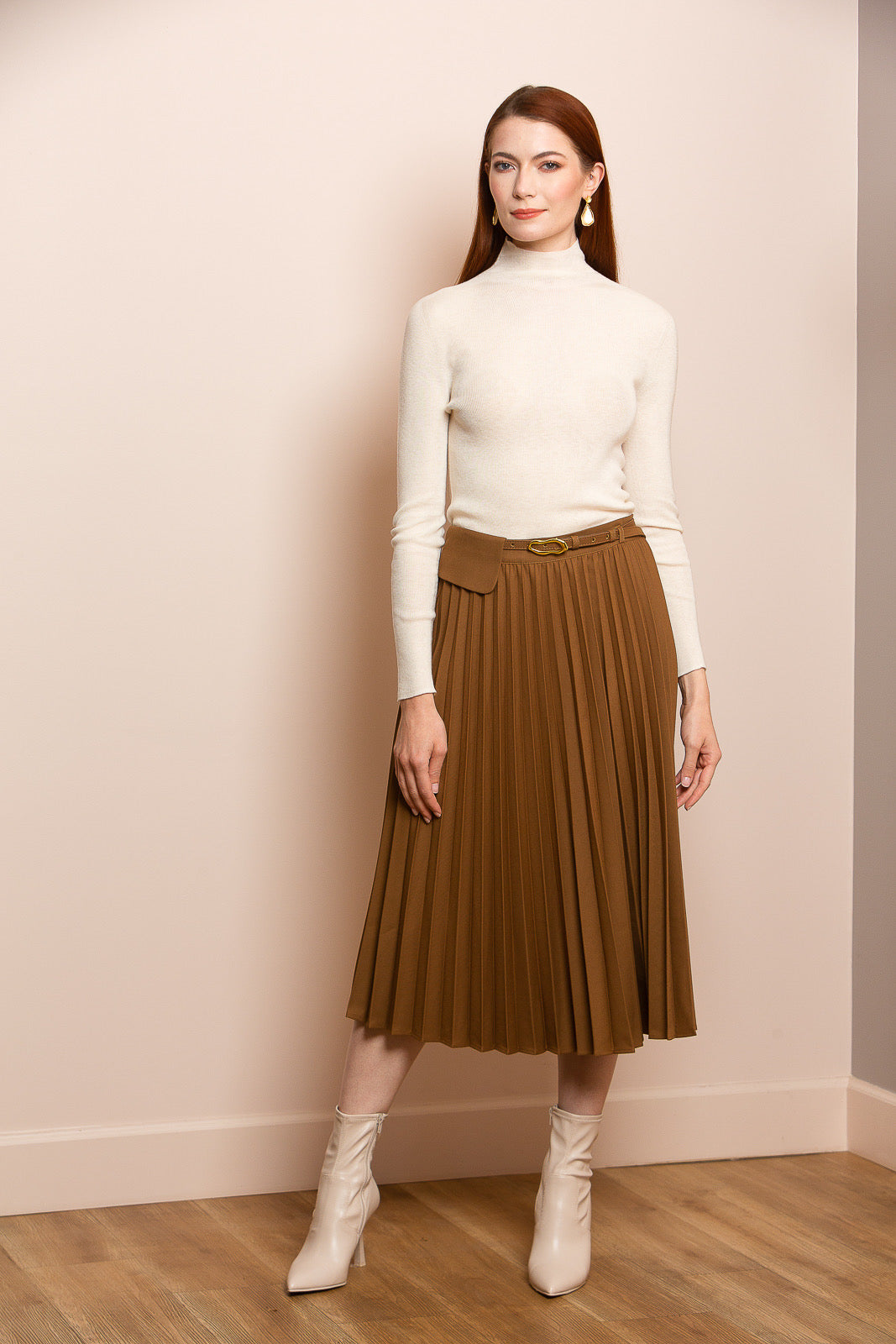 Knee Length Pleated Skirt with Belt and Flap Detail