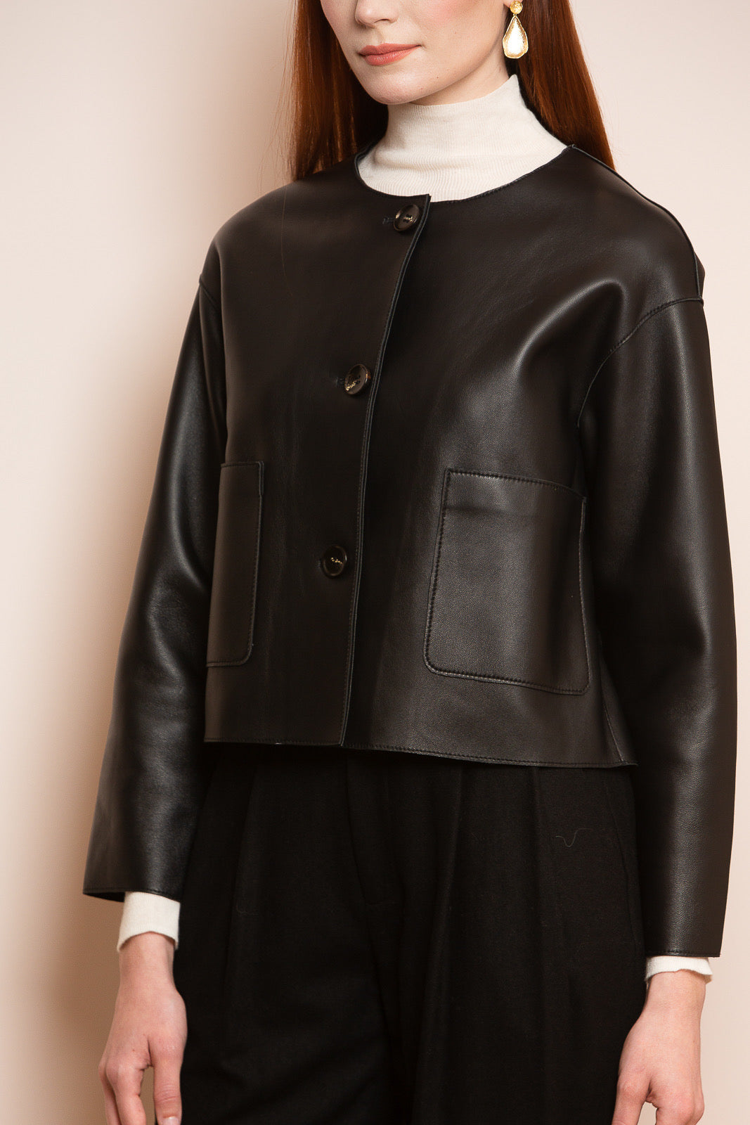Lambskin Short Jacket with Bonded Lining in Black