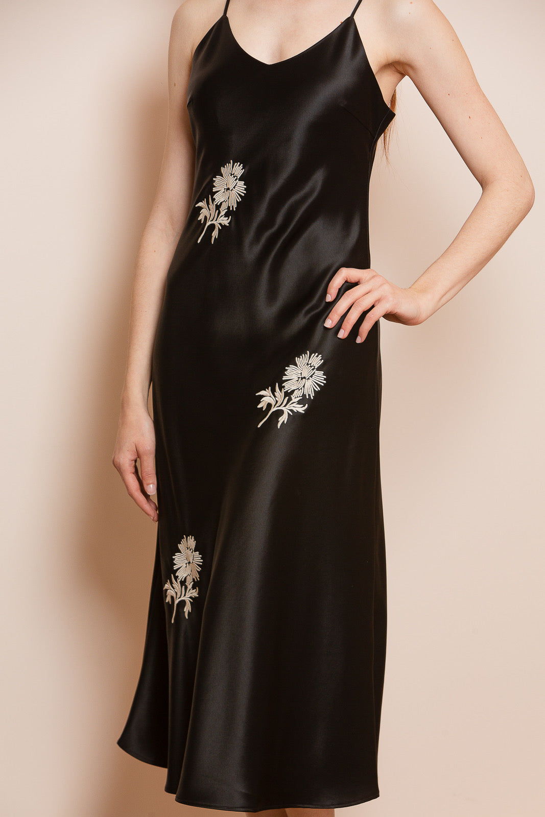 Satin Slip Dress with Flower Embroidery in Black