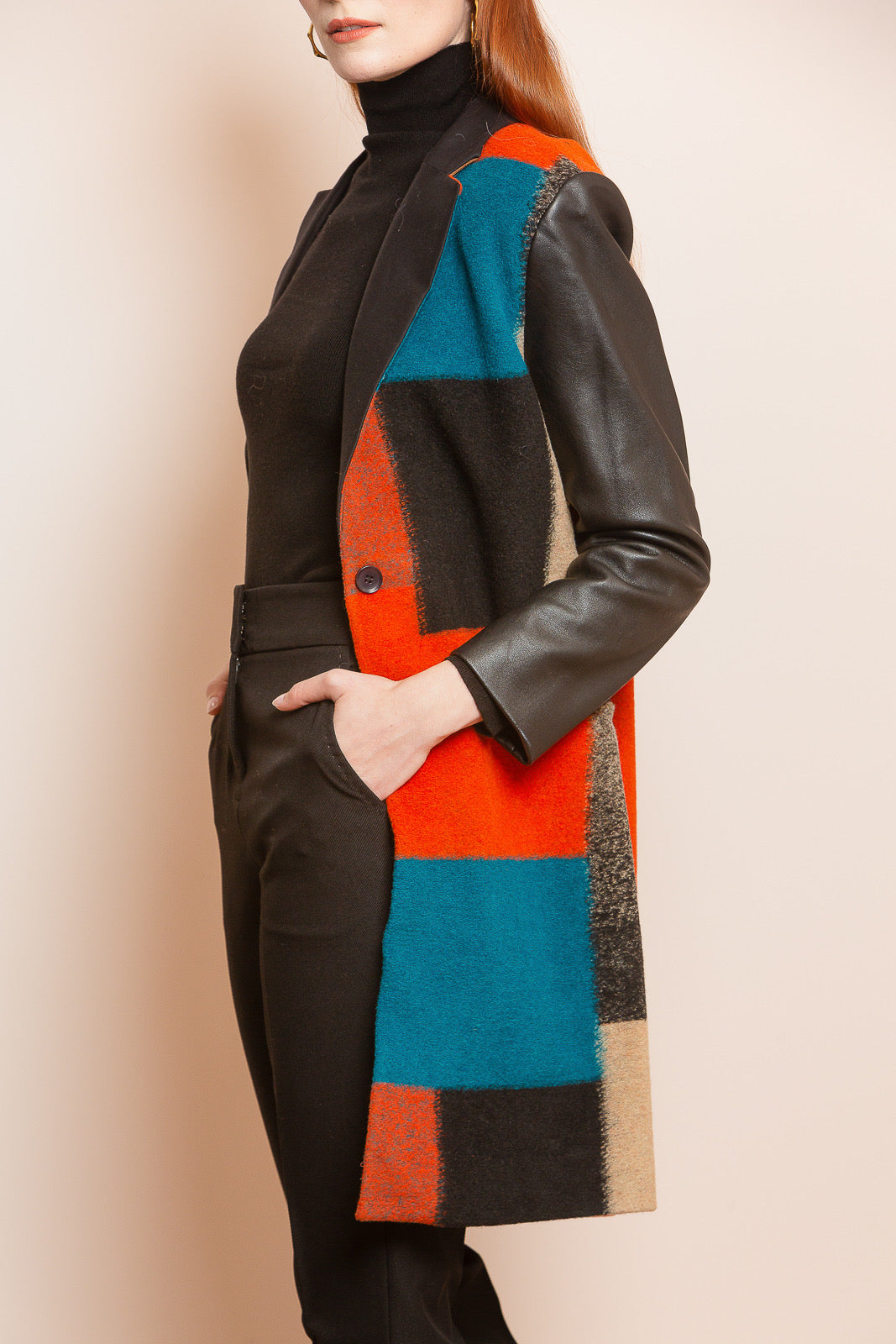 Color Block Wool and Leather Coat