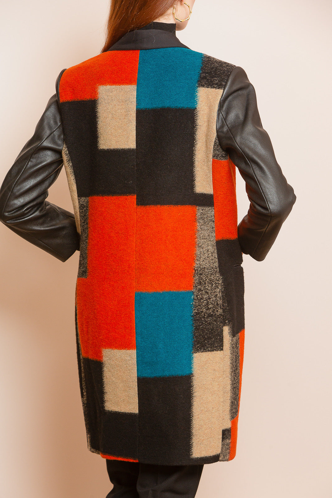 Color Block Wool and Leather Coat