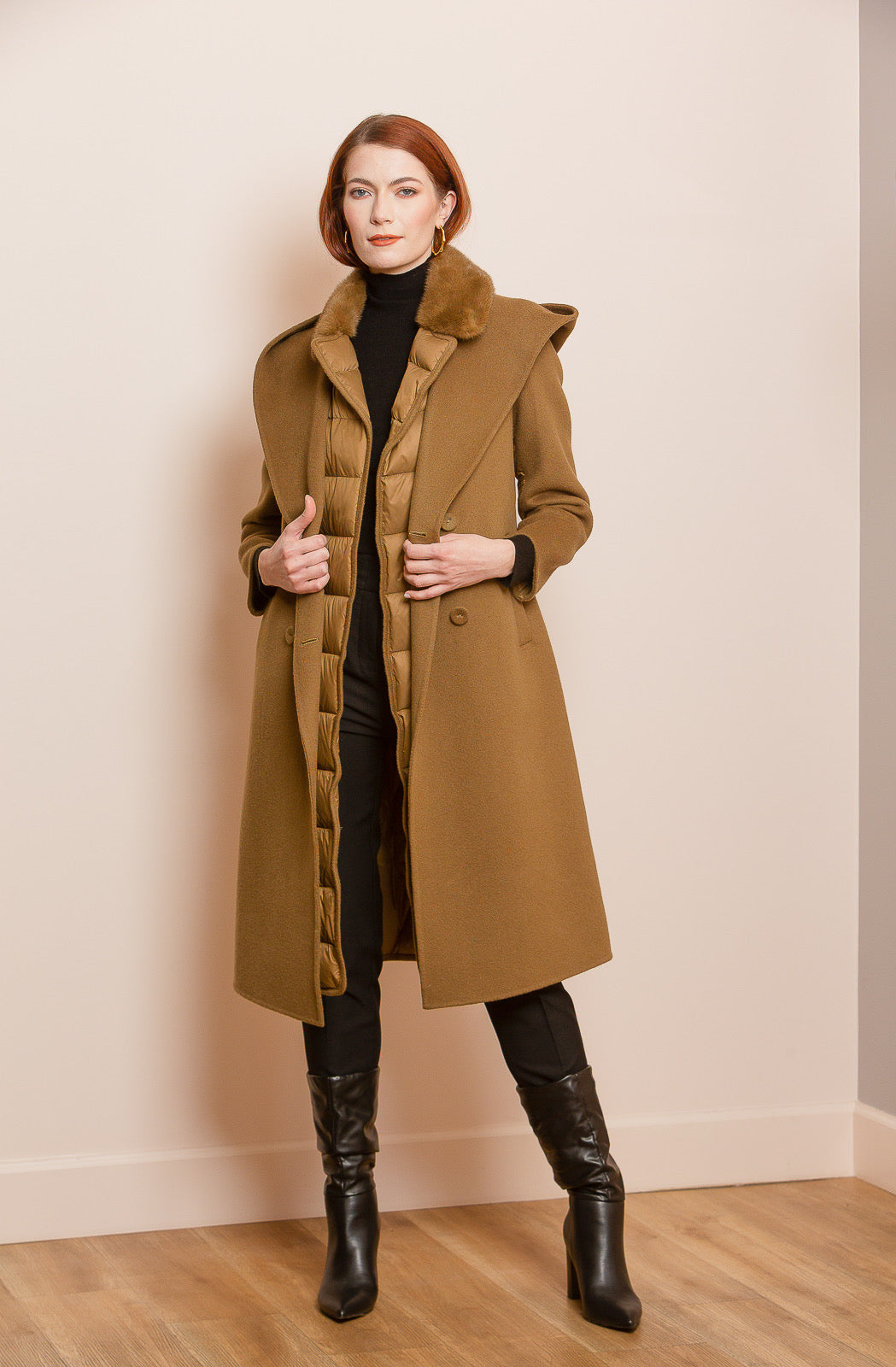 Wool Puffer Combo Hooded Coat with Fur Trim