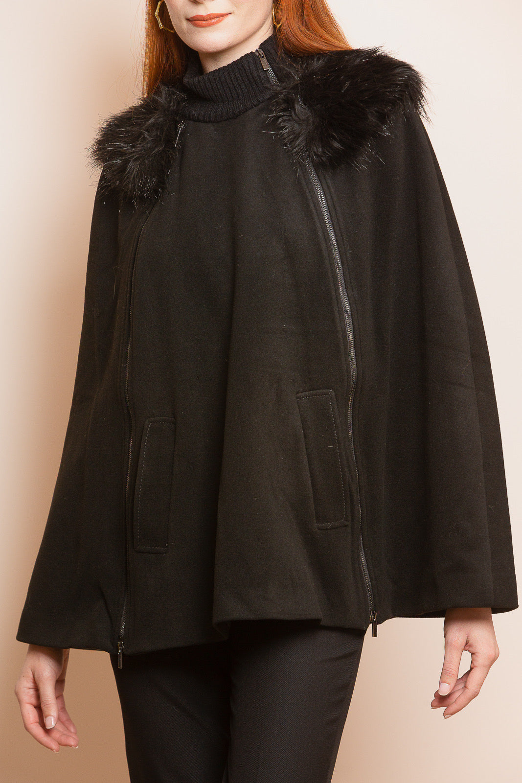 Wool Cape with Front Zipper Detail in Black