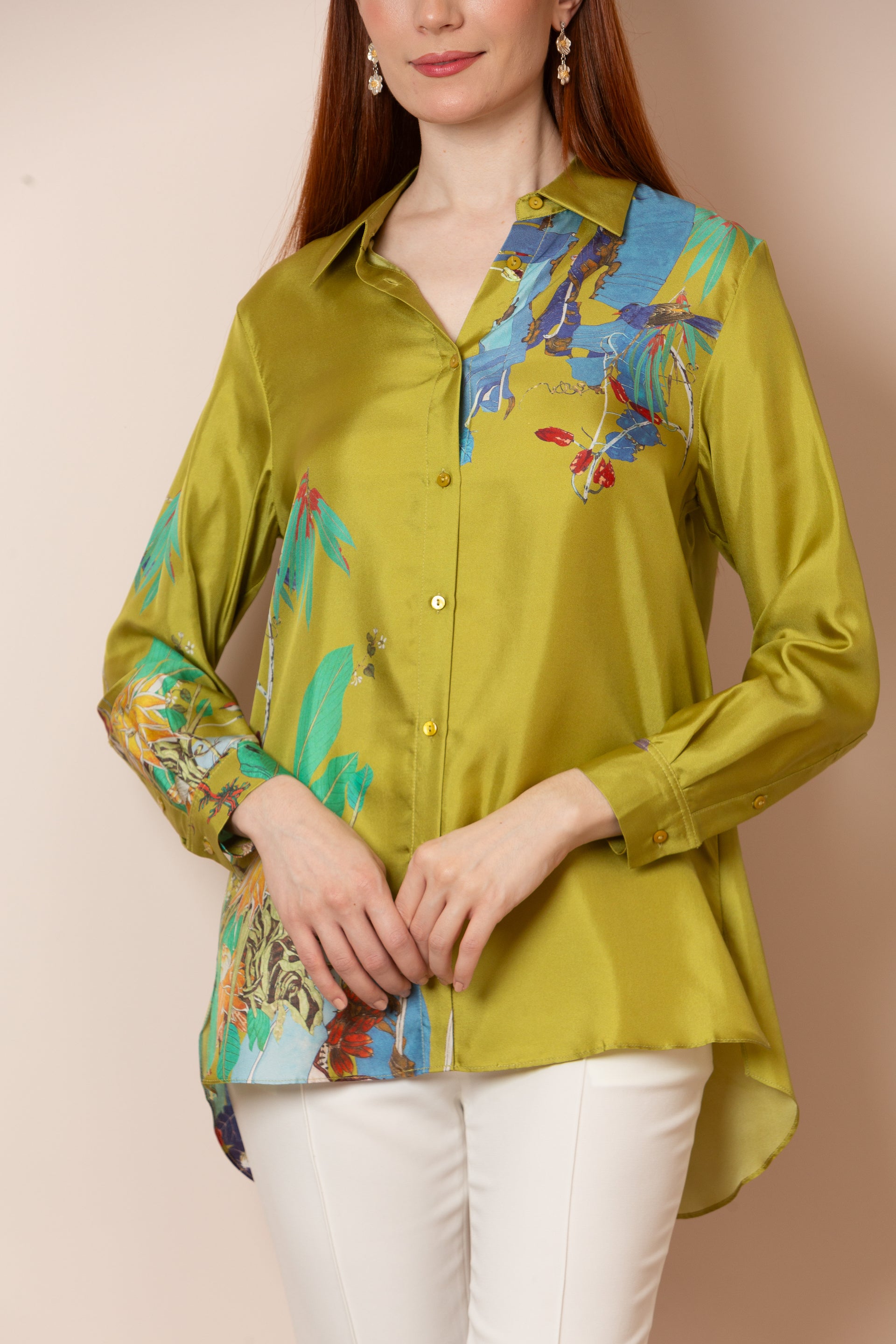 Quinn Silk Twill Artistic Button Down Shirt In Chartreuse