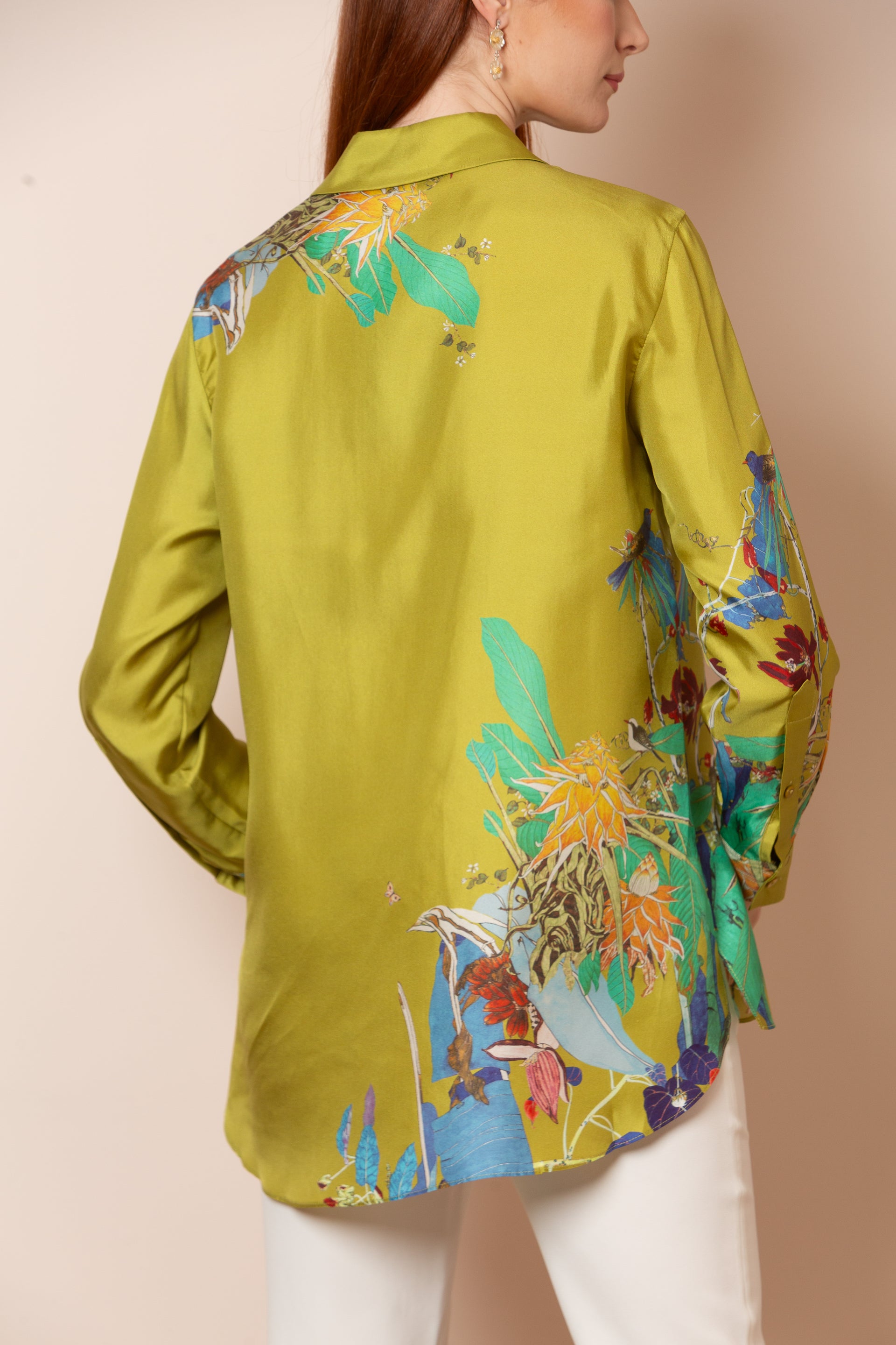 Quinn Silk Twill Artistic Button Down Shirt In Chartreuse