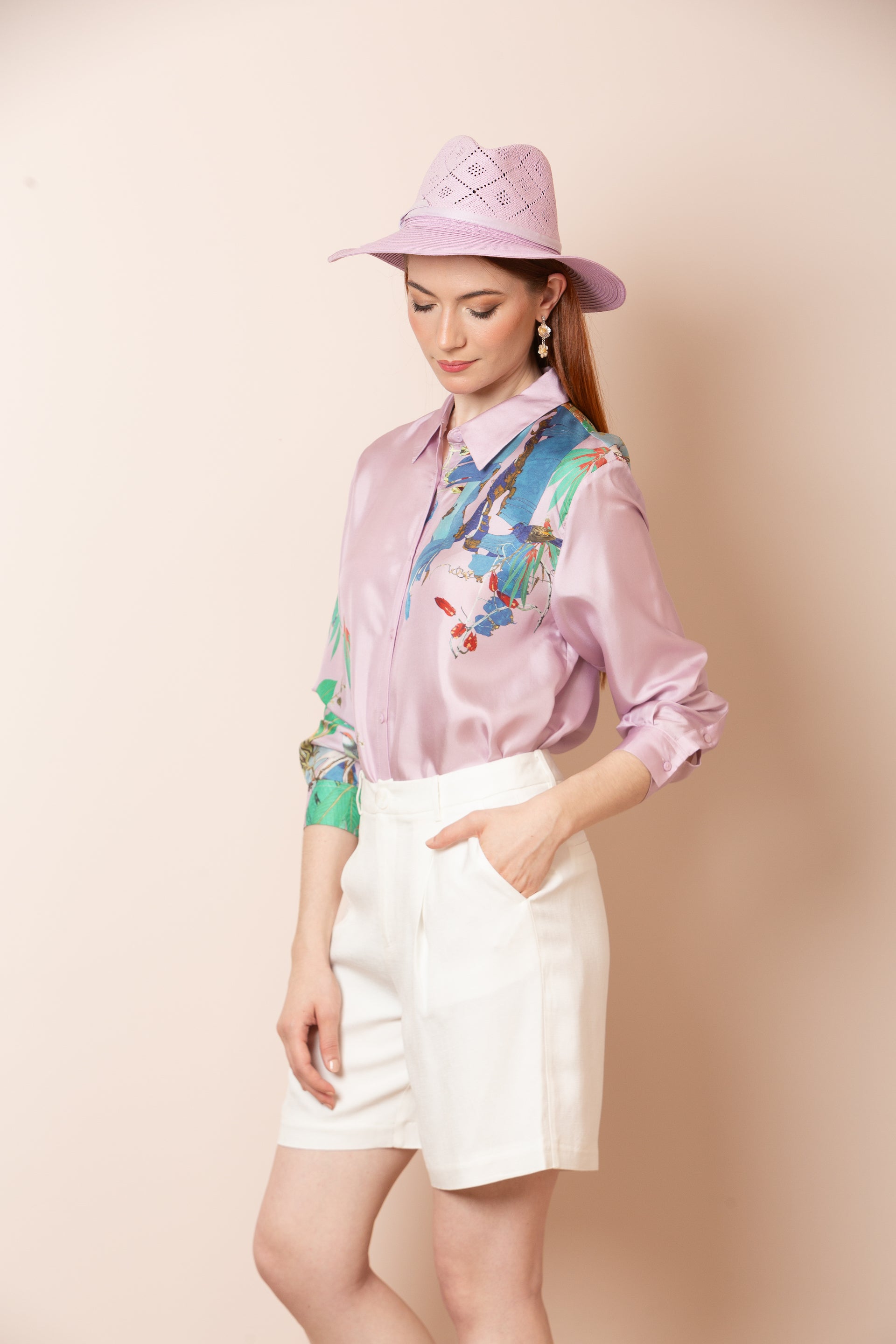 Quinn Silk Twill Artistic Print Button Down Shirt in Lilac