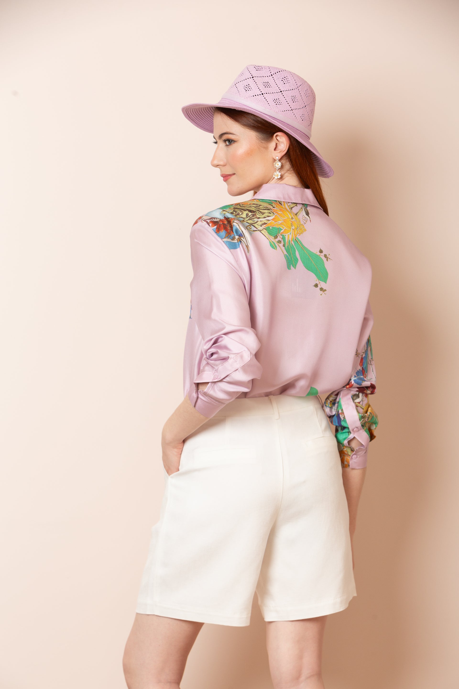 Quinn Silk Twill Artistic Print Button Down Shirt in Lilac