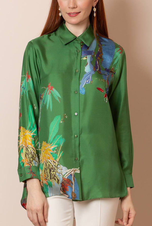 Quinn Silk Twill Artistic Button Down Shirt in Green