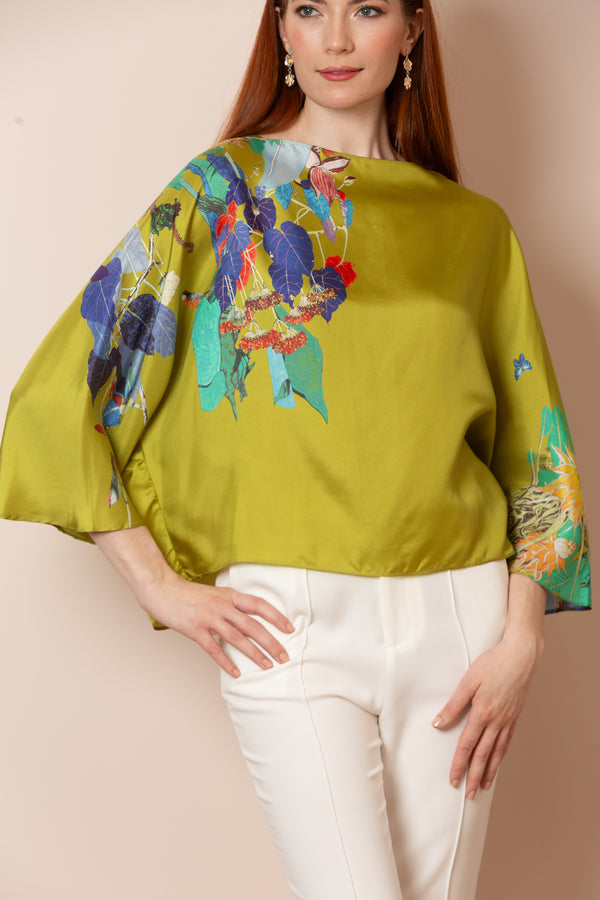 Cora Silk Twill Artistic Print Relaxed-Cut Blouse In Chartreuse