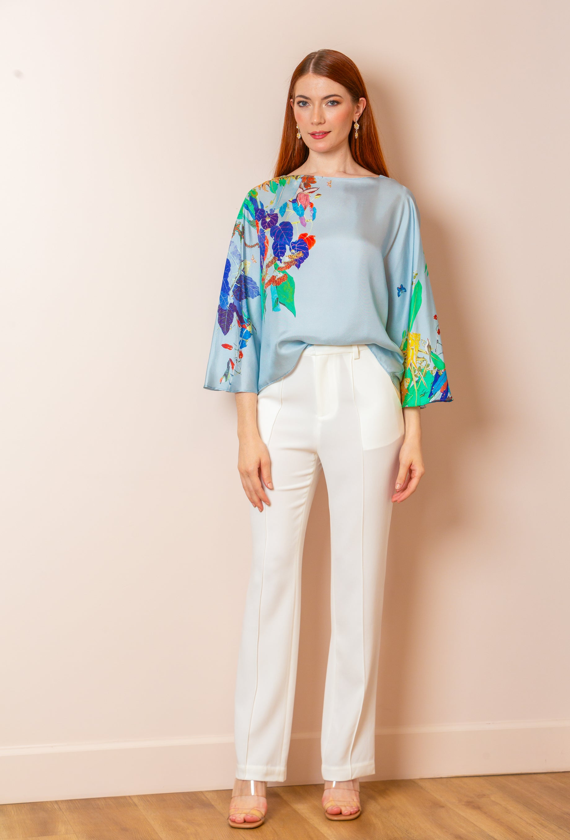 Cora Silk Twill Artistic Print Relaxed-Cut Blouse in Sky Blue