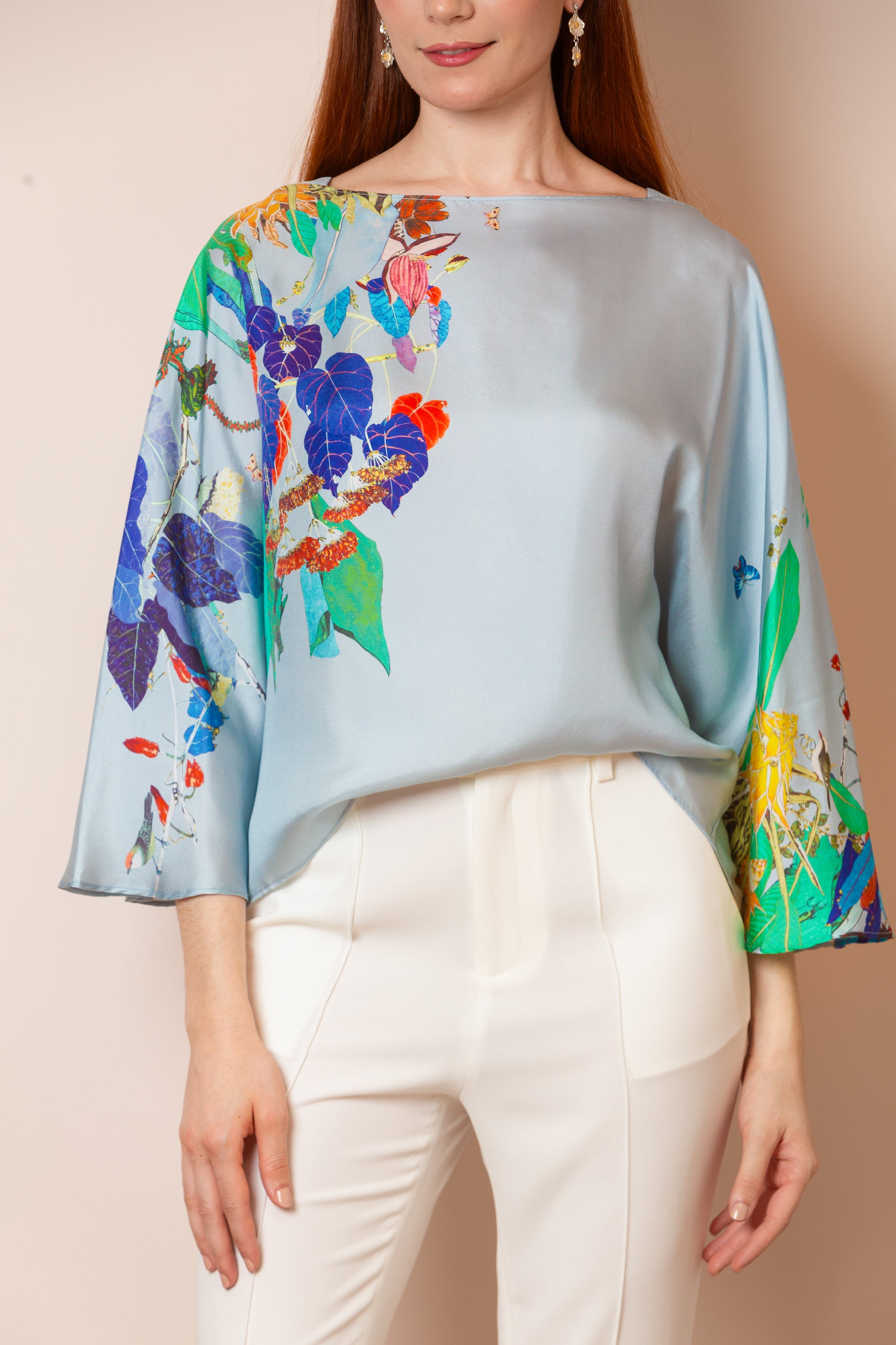 Cora Silk Twill Artistic Print Relaxed-Cut Blouse in Sky Blue