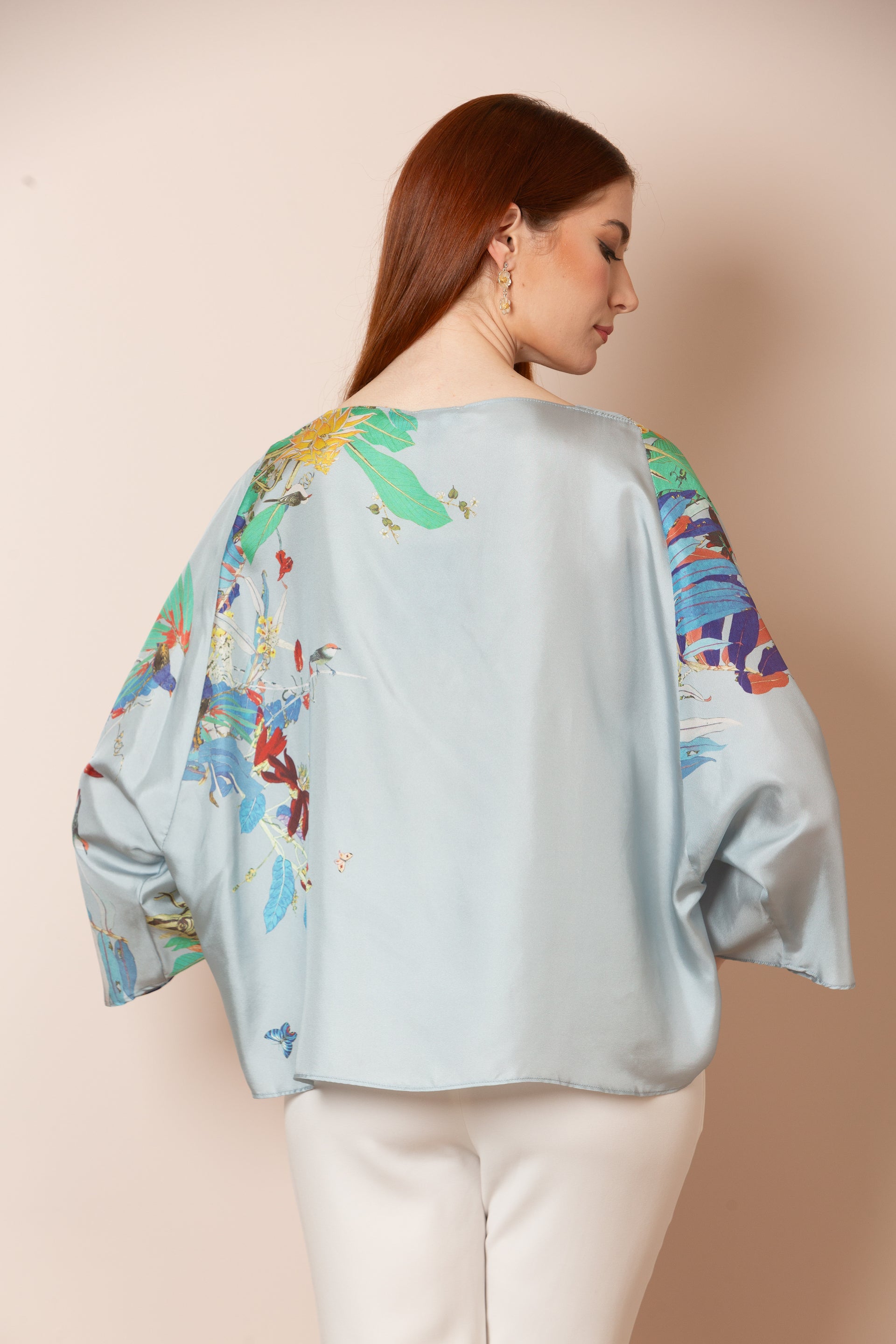 Cora Silk Twill Artistic Print Relaxed-Cut Blouse in Sky Blue