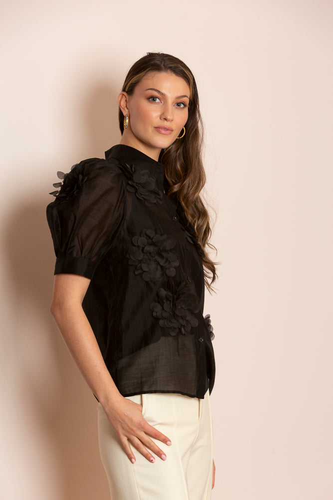 Emery Tencel Blouse with Flower Appliqué In Black