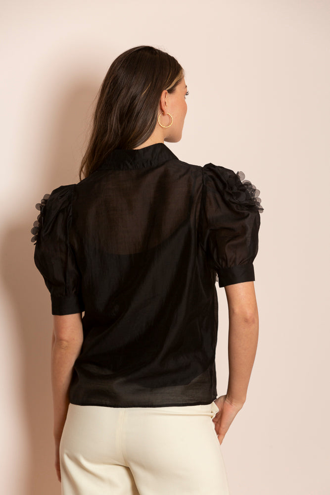 Emery Tencel Blouse with Flower Appliqué In Black