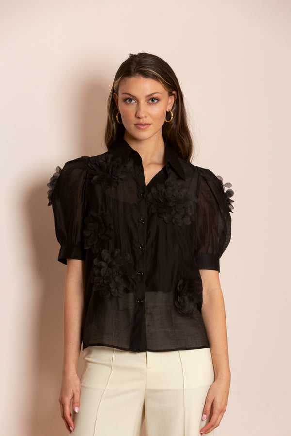 Emery Tencel Blouse with Flower Appliqué In Black